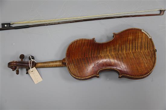 A violin with two piece back, bearing label for Petrus IO.. Mantegalia Mediolani, overall 23.5in., cased with bow